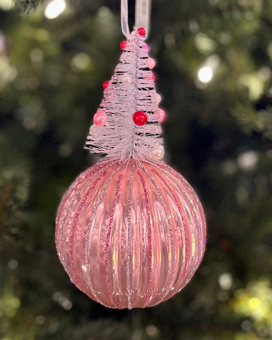 LIGHT PINK BOTTLE BRUSH TREE ROUND GLASS ORNAMENT 4422966