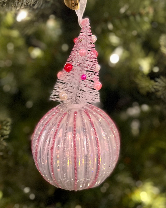 WHITE BOTTLE BRUSH TREE ROUND GLASS ORNAMENT 4422966