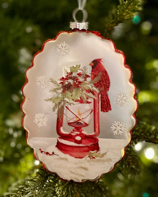 SCALLOPED EDGE CARDINAL OIL LAMP GLASS DISC ORNAMENT 4224656