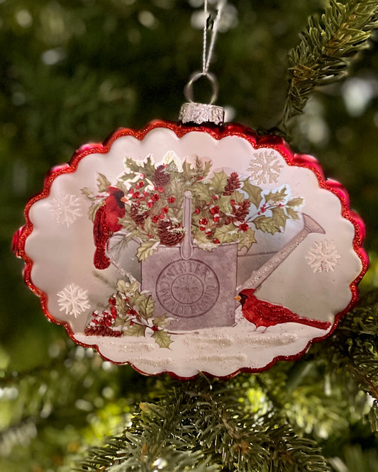 SCALLOPED EDGE CARDINAL & WATERING CAN GLASS DISC ORNAMENT 4224656