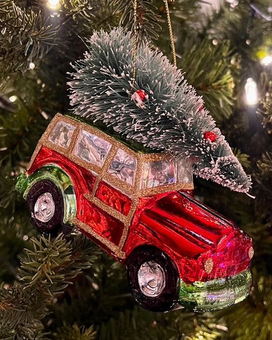RED & GREEN CAR WITH BRISTLE TREE GLASS ORNAMENT
