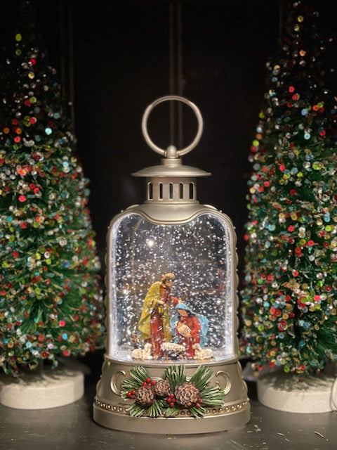 MUSICAL GLITTER LANTERN - ORNATE BELL SILVER NATIVITY 3C