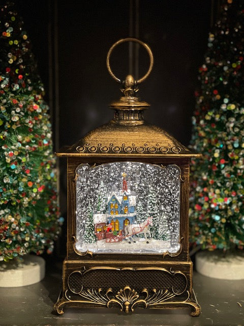 MUSICAL GLITTER LANTERN - SMALL RECTANGLE VILLAGE SCENE 57D