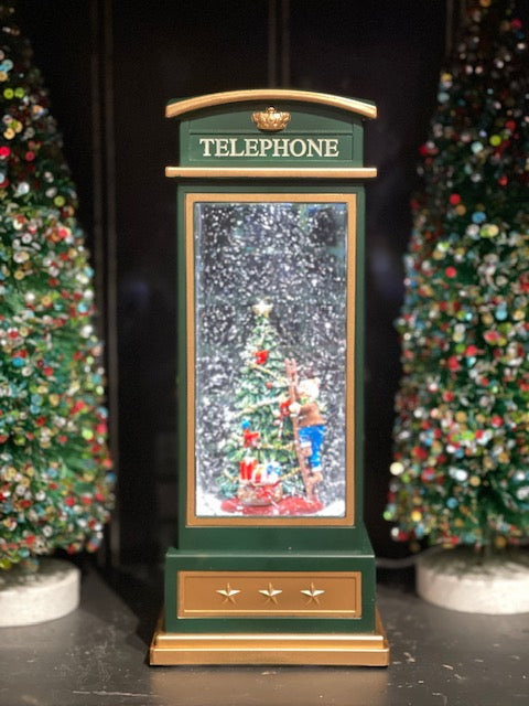 MUSICAL GLITTER LANTERN - GREEN PHONE BOOTH WITH TREE & KIDS 7B