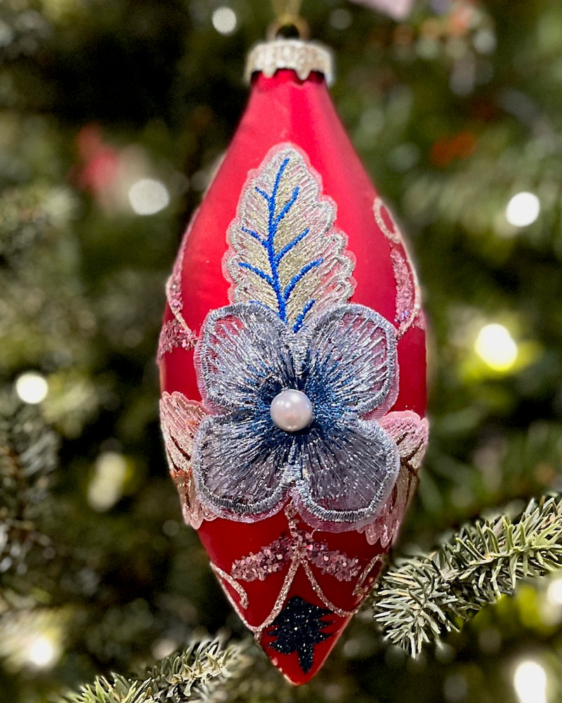 RED GLASS WITH BLUE FLORAL TEARDROP ORNAMENT XGMPLR3