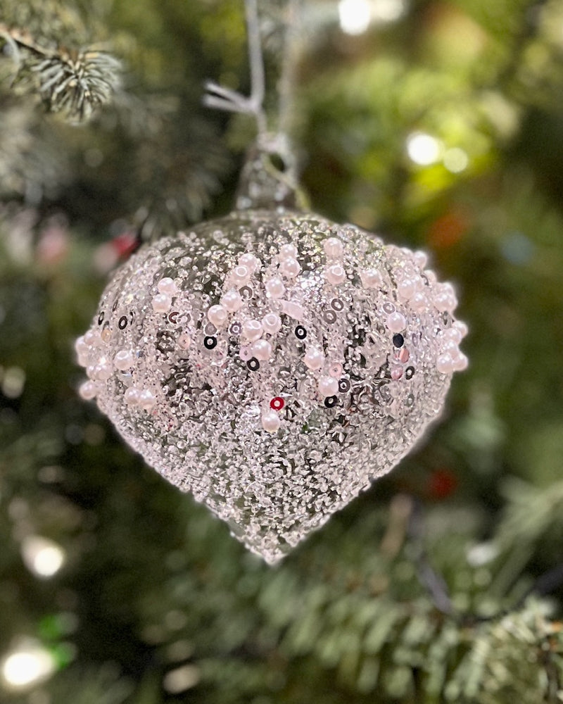 CLEAR GLASS WITH PEARLS ONION ORNAMENT XGFOCW3