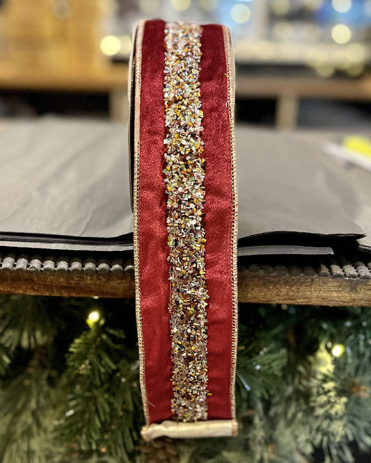 BURGUNDY VELVET RIBBON WITH GOLD BEADED DETAILS ROM049 
