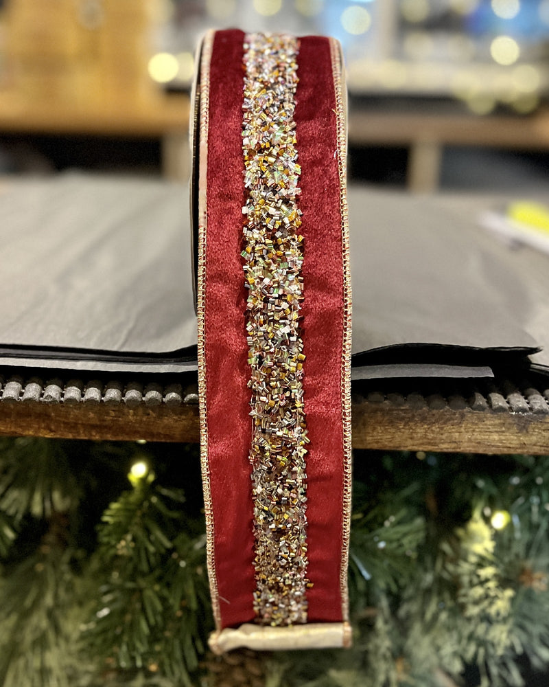 BURGUNDY VELVET RIBBON WITH GOLD BEADED DETAILS ROM049 