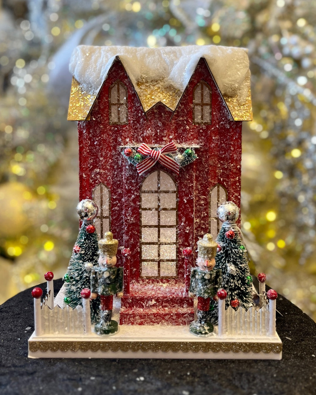 LIGHTED VINTAGE STRIPED RED PAPER MACHE HOUSE 4512529