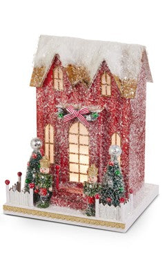 LIGHTED VINTAGE STRIPED RED PAPER MACHE HOUSE 4512529
