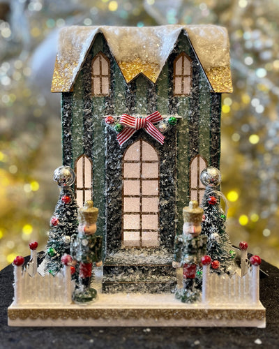 LIGHTED VINTAGE STRIPED GREEN PAPER MACHE HOUSE 4512529