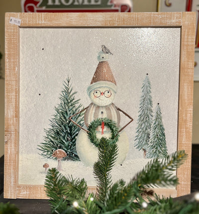 LIGHTED WOODEN SNOWMAN WITH WREATH BOX FRAME 4516797