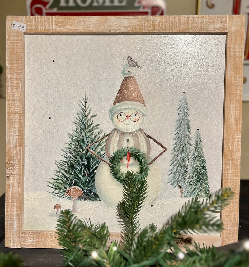 LIGHTED WOODEN SNOWMAN WITH WREATH BOX FRAME 4516797