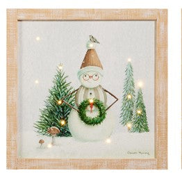 LIGHTED WOODEN SNOWMAN WITH WREATH BOX FRAME 4516797