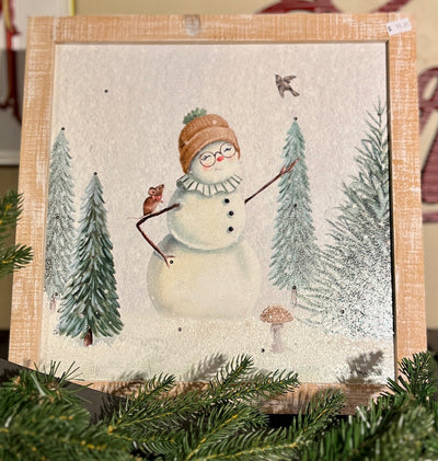 LIGHTED WOODEN SNOWMAN WITH BIRD & MOUSE SCENE BOX FRAME 4516797