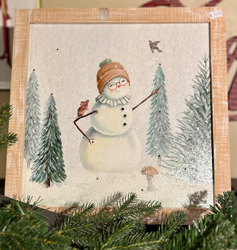LIGHTED WOODEN SNOWMAN WITH BIRD & MOUSE SCENE BOX FRAME 4516797