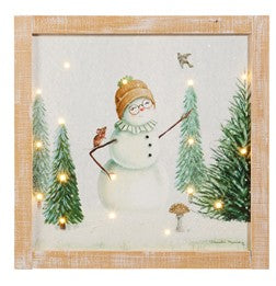 LIGHTED WOODEN SNOWMAN WITH BIRD & MOUSE SCENE BOX FRAME 4516797
