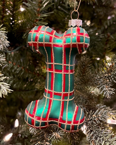 GREEN PLAID DOG BONE 5 INCH GLASS ORNAMENT 4520897