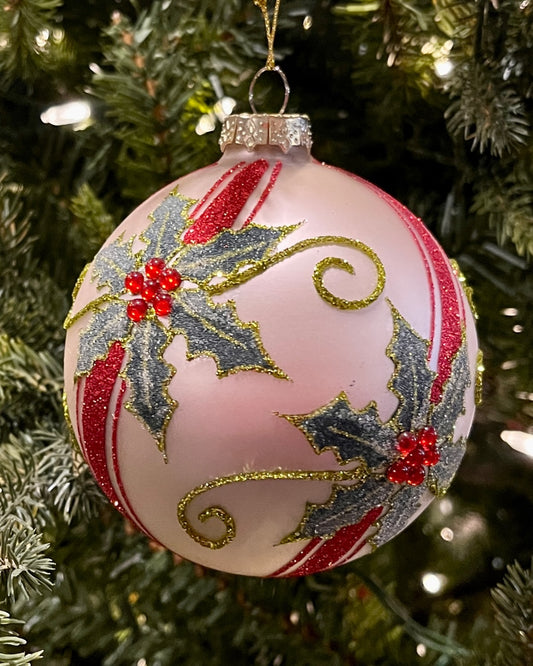 RED GREEN HOLLY ROUND 4 INCH GLASS ORNAMENT 4524920