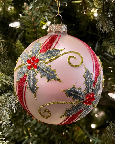 RED GREEN HOLLY ROUND 4 INCH GLASS ORNAMENT 4524920
