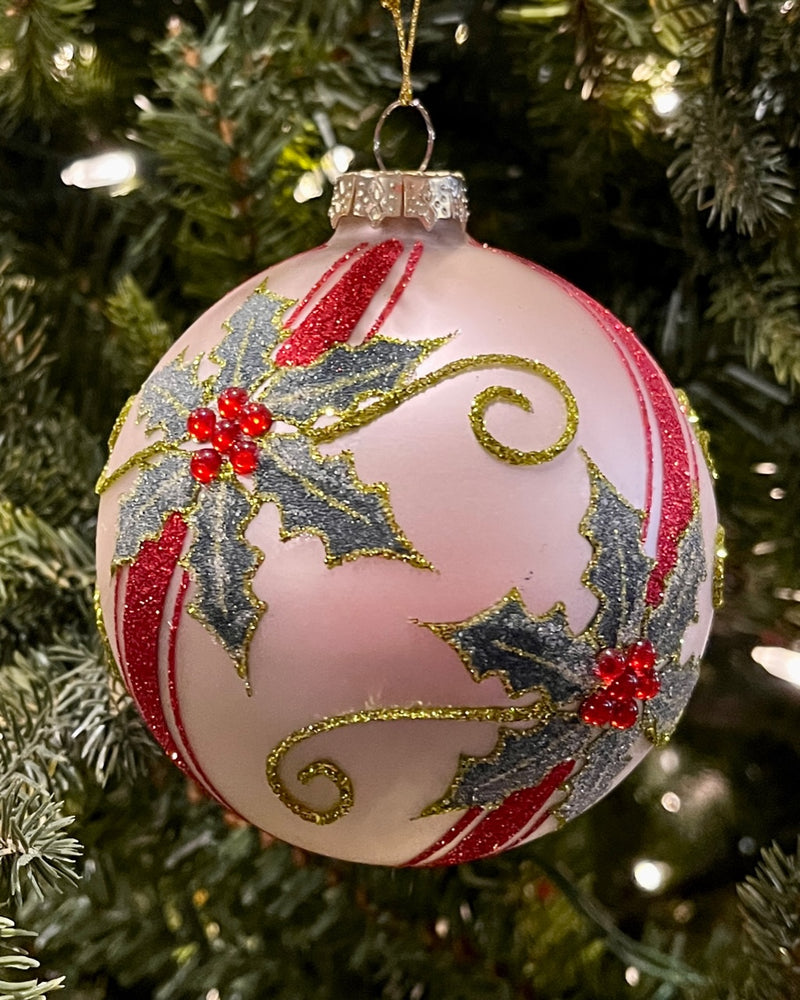 RED GREEN HOLLY ROUND 4 INCH GLASS ORNAMENT 4524920