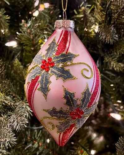 RED GREEN TEARDROP HOLLY 5 INCH GLASS ORNAMENT 4524920
