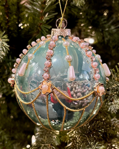 BLUE PEARL JEWELLED ROUND 4.5 INCH GLASS ORNAMENT 4524986