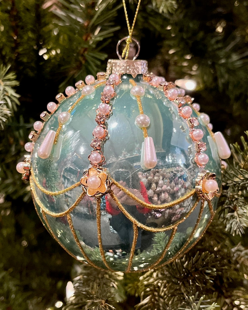 BLUE PEARL JEWELLED ROUND 4.5 INCH GLASS ORNAMENT 4524986