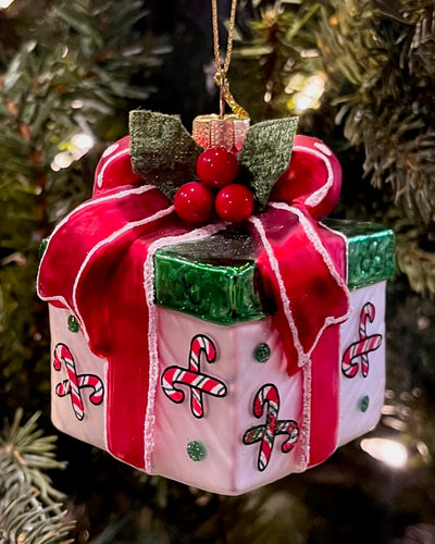 WHITE PRESENT WITH CANDY CANES GLASS ORNAMENT 4552883