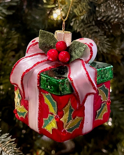RED PRESENT WITH HOLLY GLASS ORNAMENT 4552883