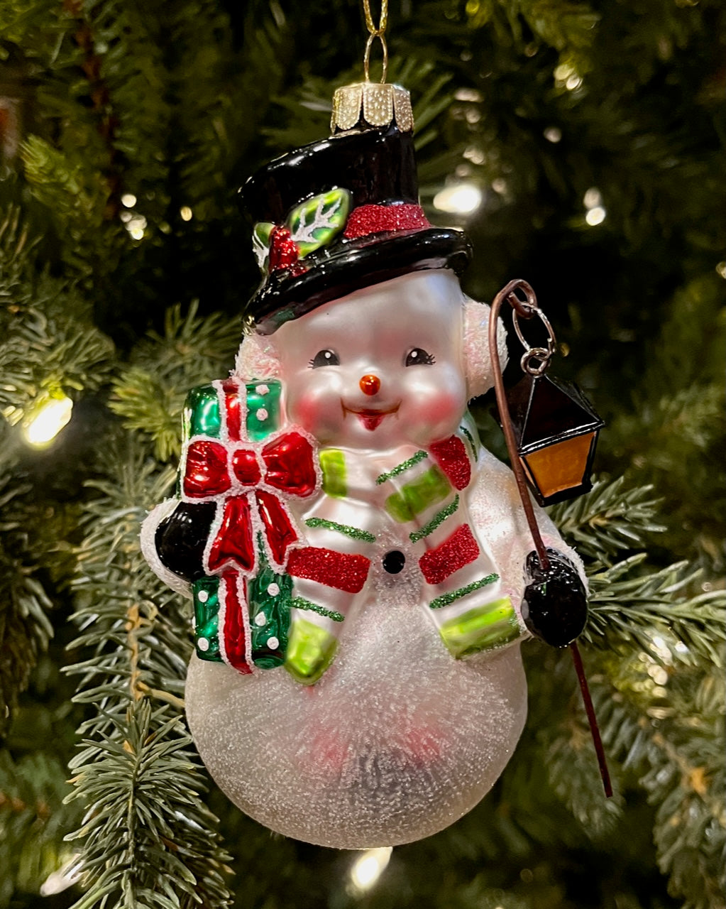 GLASS SNOWMAN WITH WHITE GREEN SCARF HANGING ORNAMENT 4552903