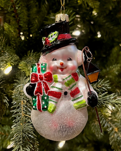 GLASS SNOWMAN WITH WHITE GREEN SCARF HANGING ORNAMENT 4552903
