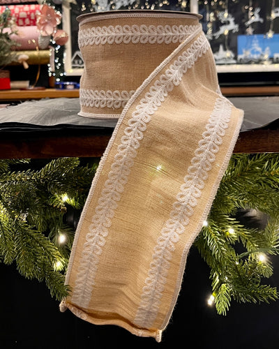 NATURAL WITH IVORY EMBROIDERY WIRE EDGED 4 INCH X 10 YARD RIBBON R4471759