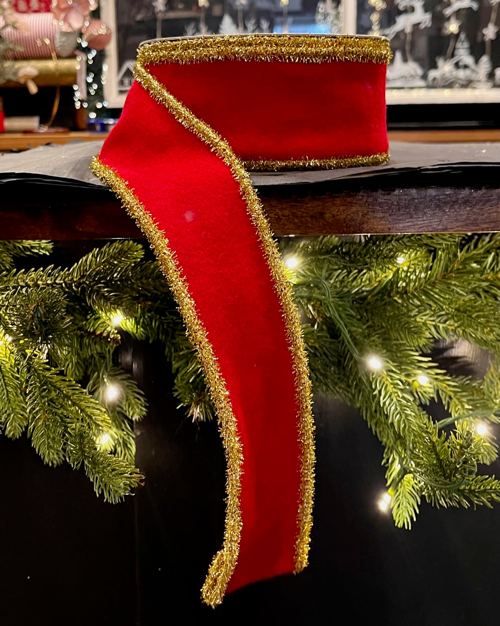RED FELT WITH GOLD TINSEL 2.5 INCH X 10 YARD RIBBON R4527820