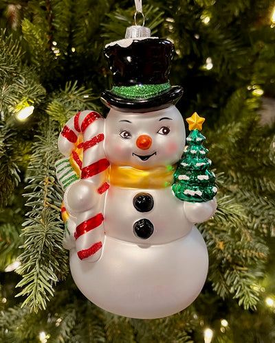 CHRISTMAS SNOWMAN WITH CANDY CANE 6 INCH GLASS ORNAMENT 4552863
