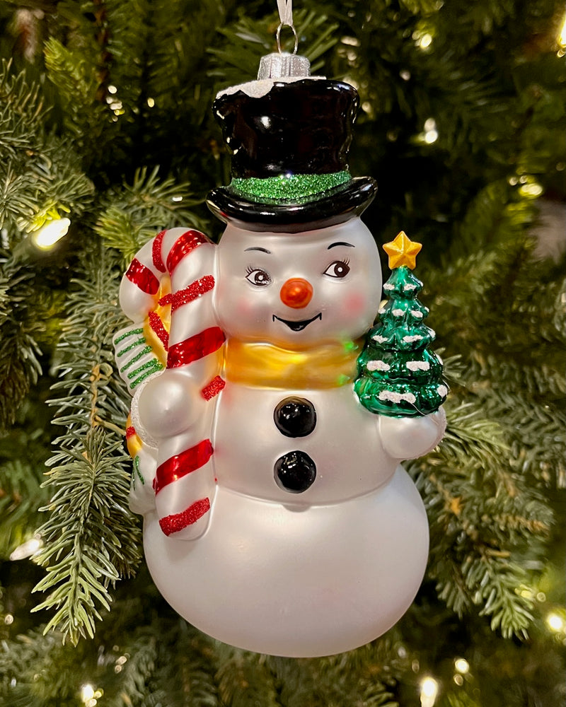 CHRISTMAS SNOWMAN WITH CANDY CANE 6 INCH GLASS ORNAMENT 4552863