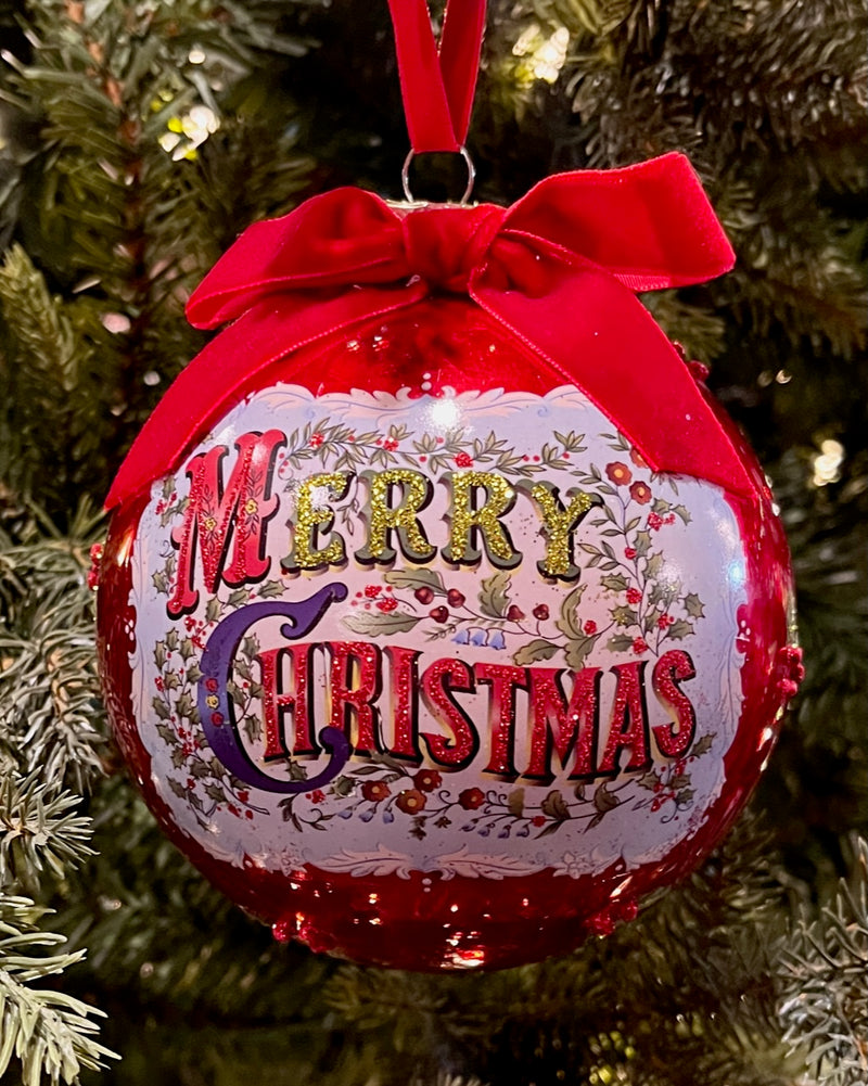 ANTIQUE MERRY CHRISTMAS 5 INCH GLASS BALL ORNAMENT 4524814