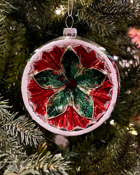 VINTAGE REFLECTOR ROUND FLOWER RED 3.75 INCH ORNAMENT 4524919