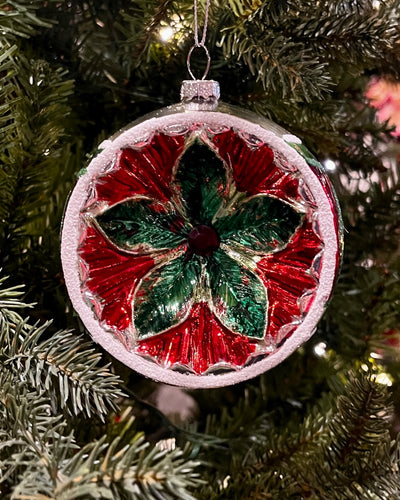 VINTAGE REFLECTOR ROUND FLOWER RED 3.75 INCH ORNAMENT 4524919