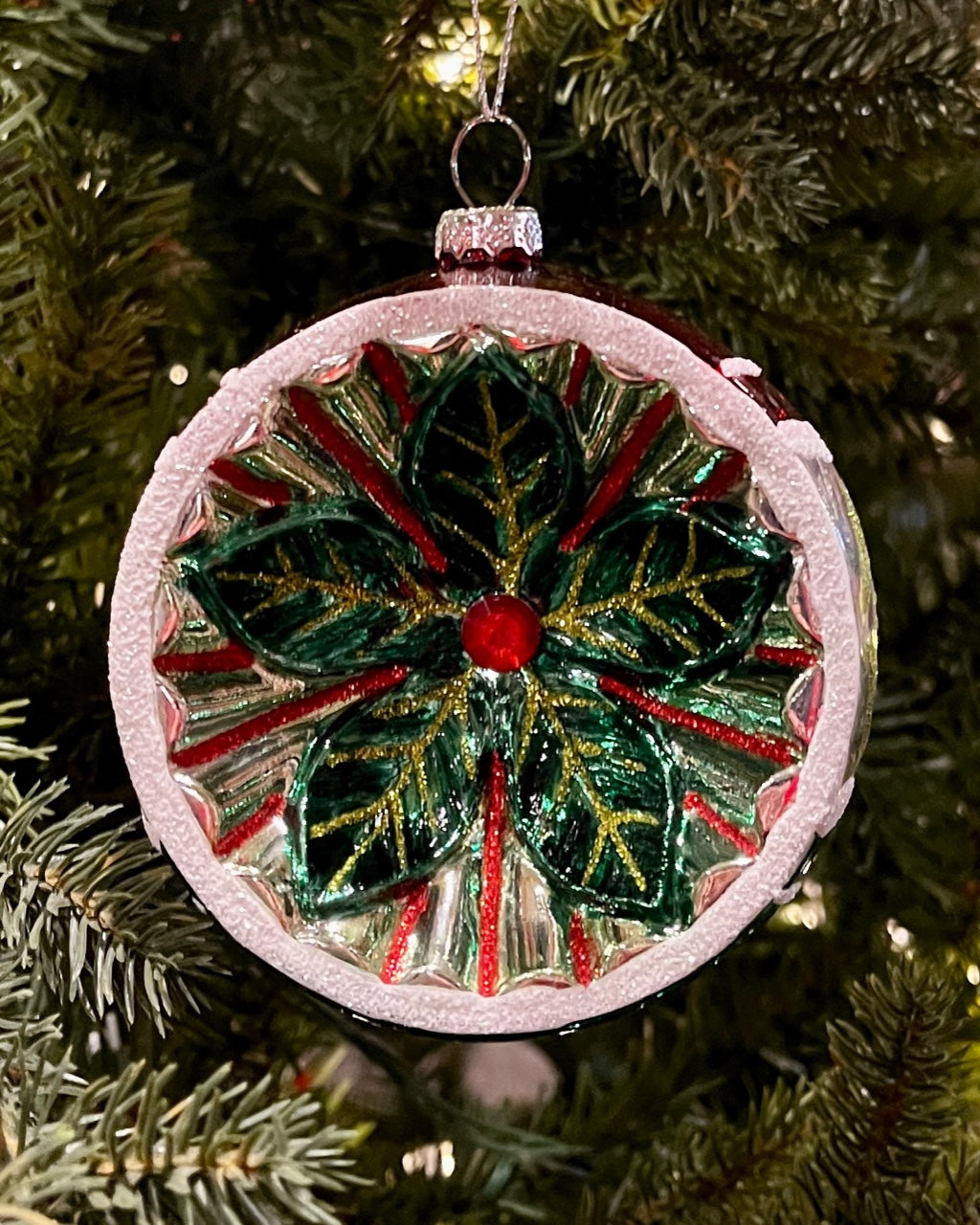 VINTAGE REFLECTOR ROUND FLOWER SILVER 3.75 INCH ORNAMENT 4524919