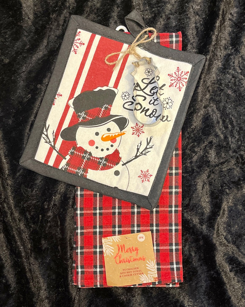 3 PACK SNOWMAN TEA TOWEL & POT HOLDER W/ COOKIE CUTTER 8925-PKC