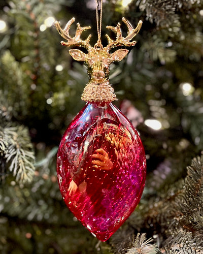 RED SWIRL TEARDROP WITH GOLD DEER BAUBLE XASMDB2