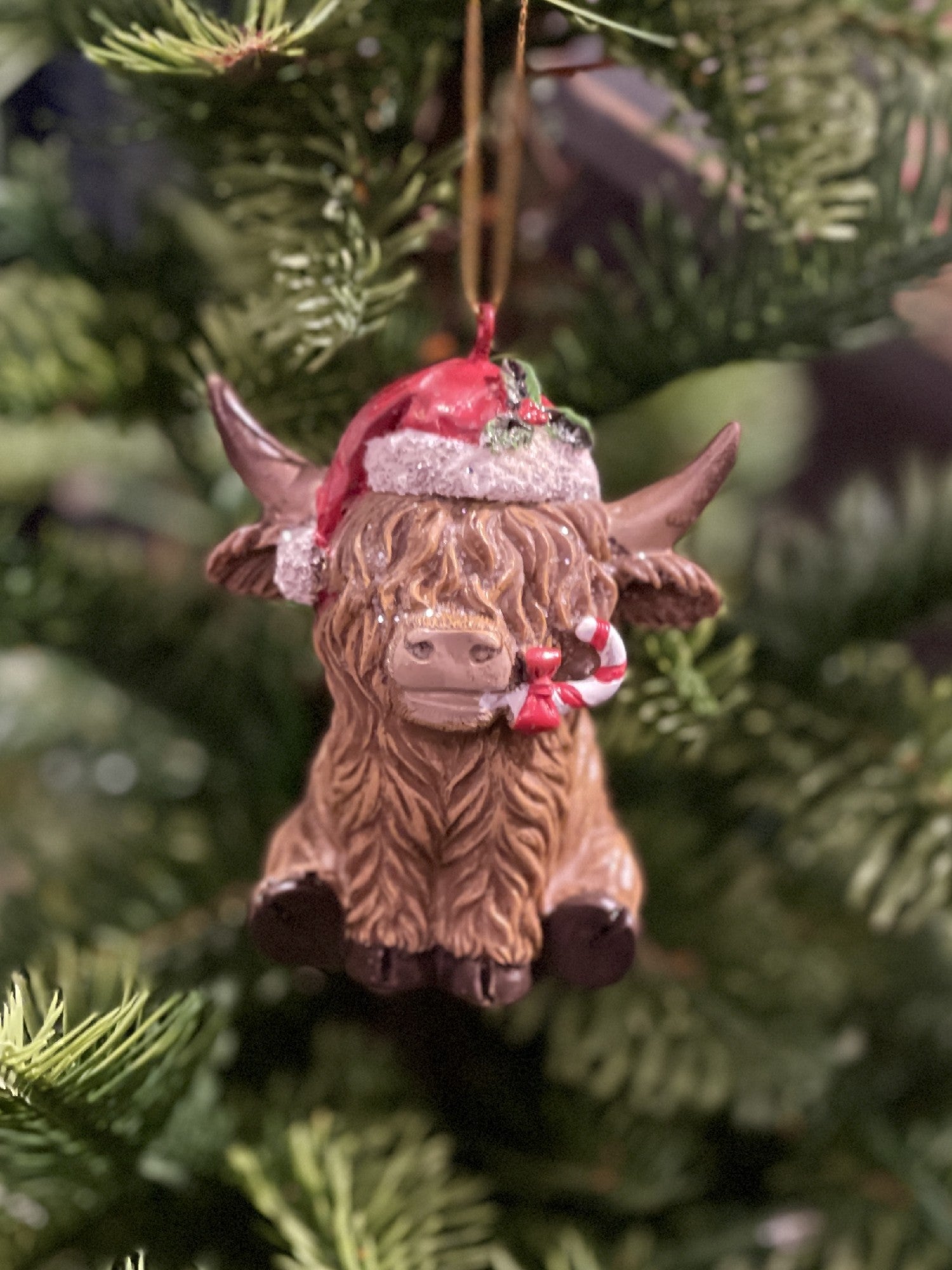 HIGHLAND COW WITH SANTA HAT ORNAMENT XM846