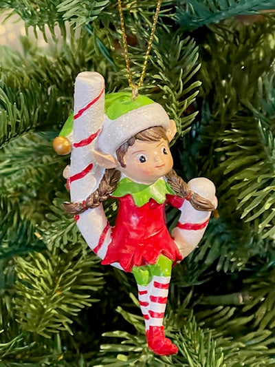 ELF ON CANDY CANE HANGING ORNAMENT XM833
