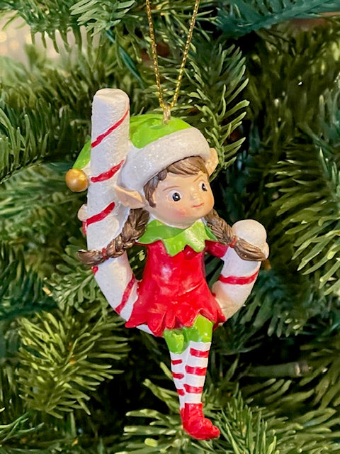 ELF ON CANDY CANE HANGING ORNAMENT XM833