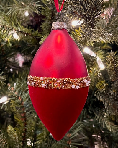 RED VELVET DETAIL GLASS TEARDROP ORNAMENT  X3714RD