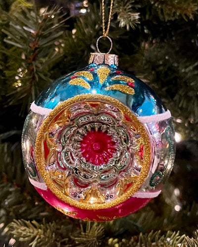 RETRO TURQOUISE PINK & SILVER ROUND GLASS ORNAMENT X3656