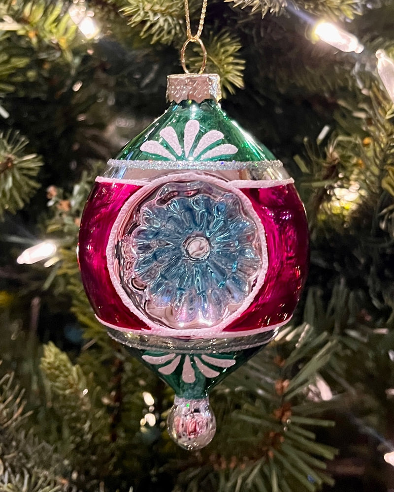 RETRO GREEN & PINK TEARDROP FINIAL GLASS ORNAMENT X3646