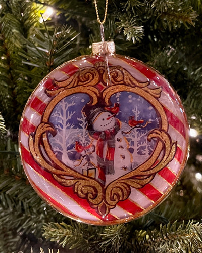 VINTAGE SNOWMAN GLASS DISC ORNAMENT X3640
