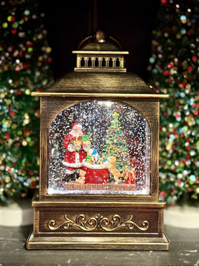 GLITTER LANTERN - SMALL RECTANGLE SANTA WITH PUPPY 100